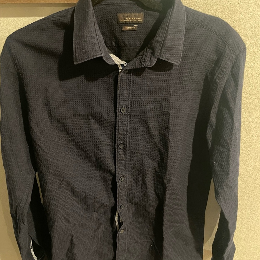 Zara Men Navy Textured Slim-Fit Jacket Dark Blue Size Large